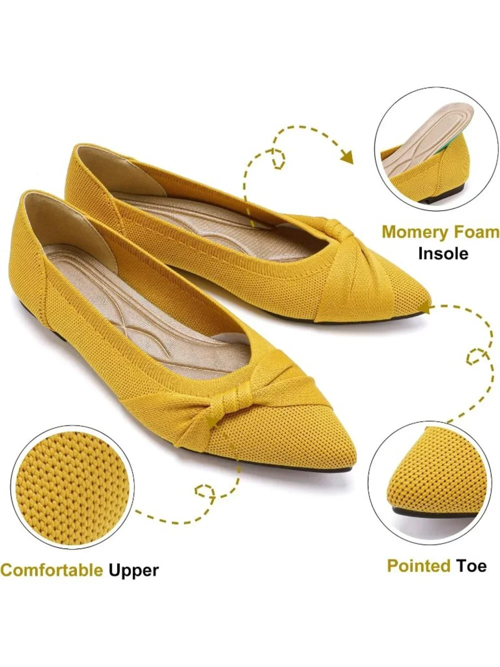 Women's Yellow Knit Comfortable Ballet Flat Pointed Toe Lightweight Casual Shoes
